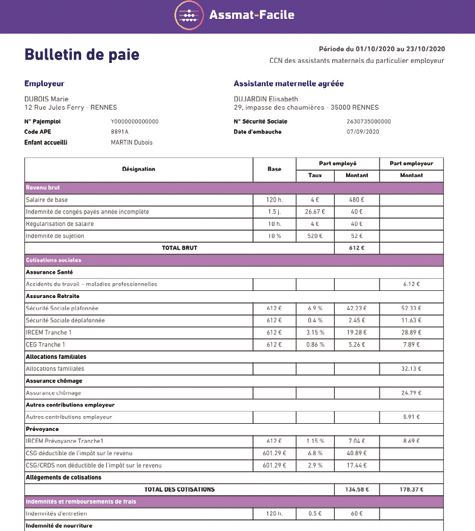 Bulletin de salaire assistante maternelle